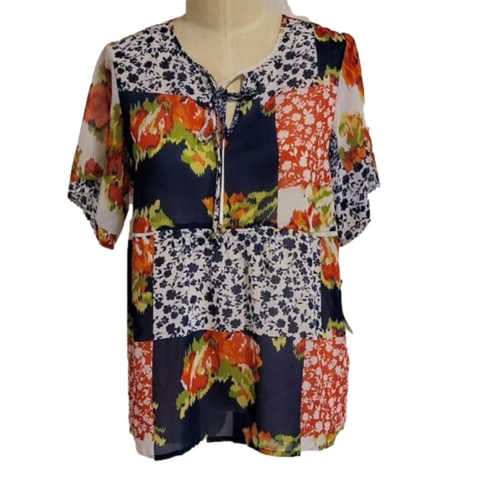 𝅺valerie Stevens medium floral patchwork sheer blouse NWT